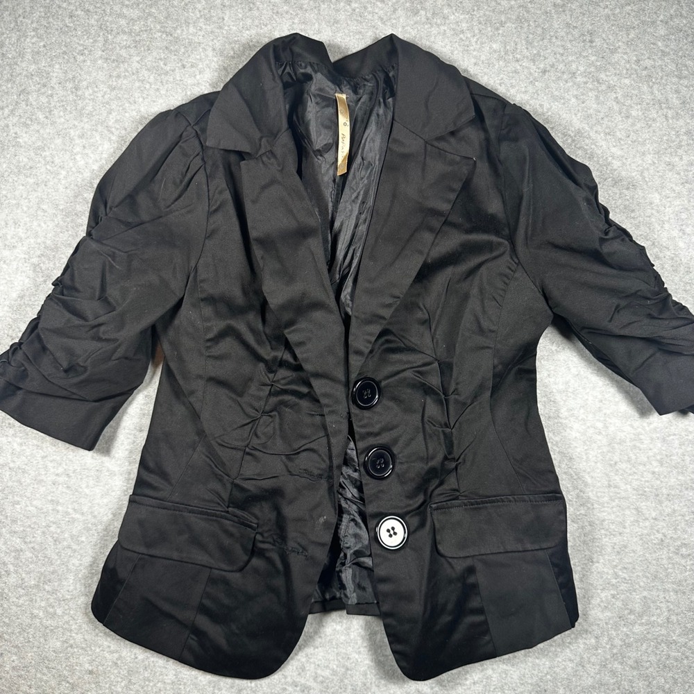 Papaya Womens Black Ruched 3/4 Sleeve Cotton Blazer Jacket Y2K IGJ-498 Size M